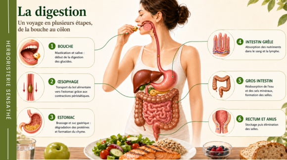 Schéma du système digestif humain montrant les étapes de la digestion de la bouche à l’intestin - Herboristerie Sensathé Schéma du système digestif humain montrant les étapes de la digestion de la bouche à l’intestin - Herboristerie Sensathé